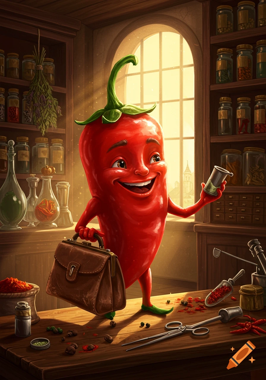 A smiling, anthropomorphic red chili pepper holds a briefcase and a beaker in a rustic spice shop.