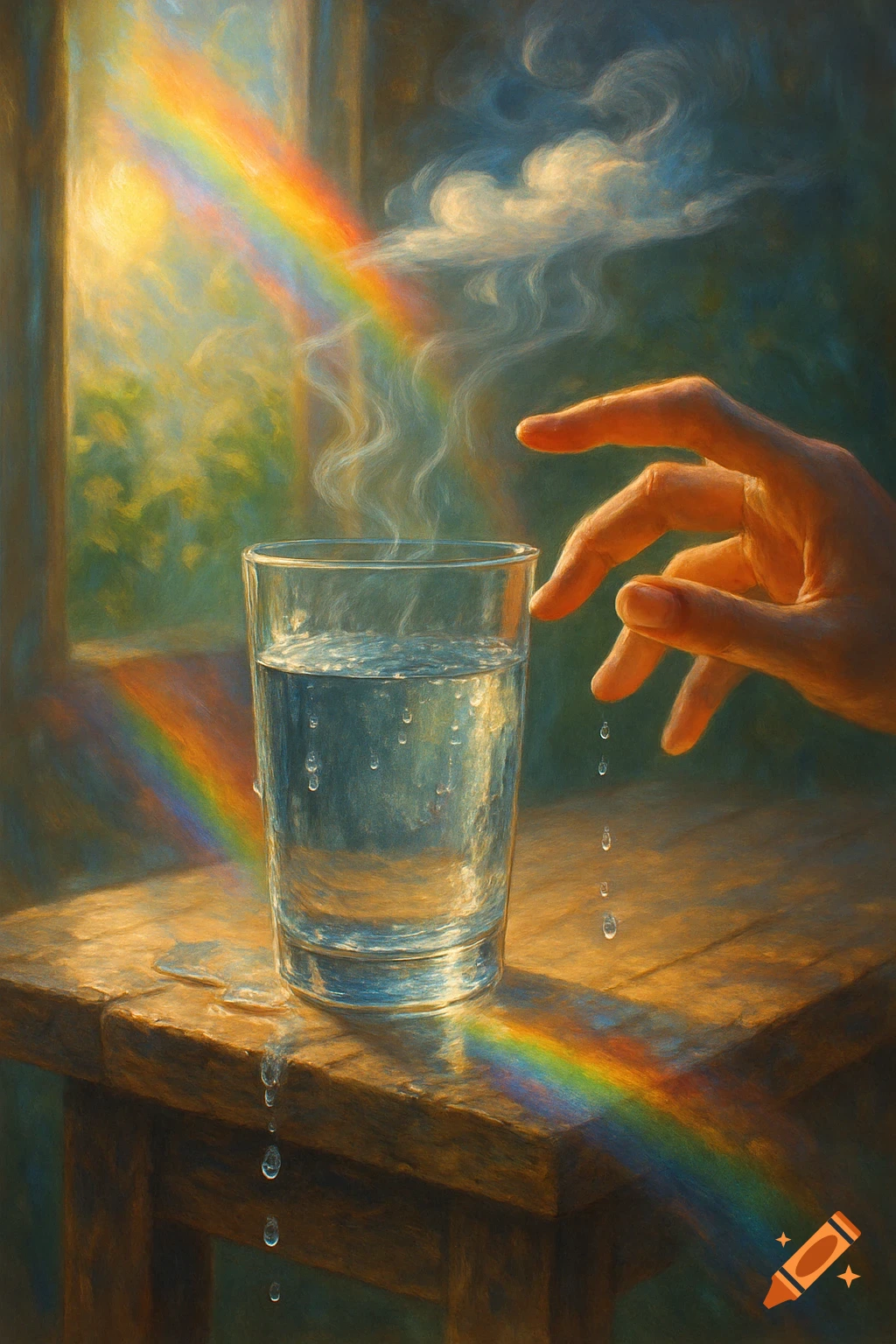 A hand reaches towards a steaming glass of water on a wooden table, with a rainbow arching through a sunlit window.
