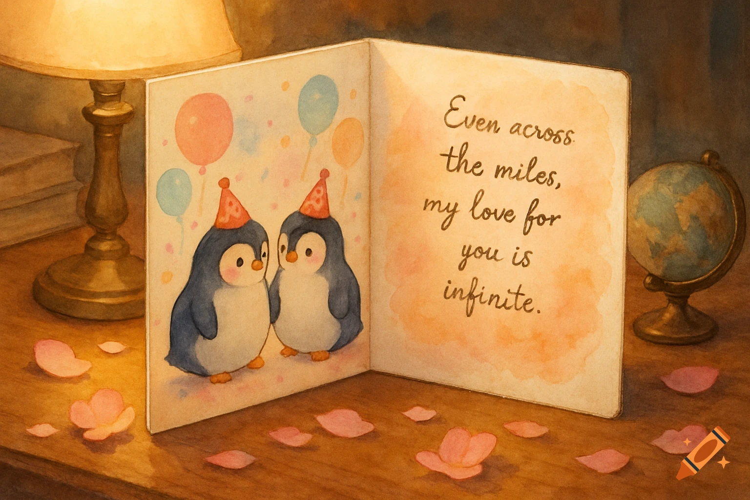 An open watercolor greeting card with two cute penguins in party hats on the left and a romantic message on the right, on a wooden table with flower petals.