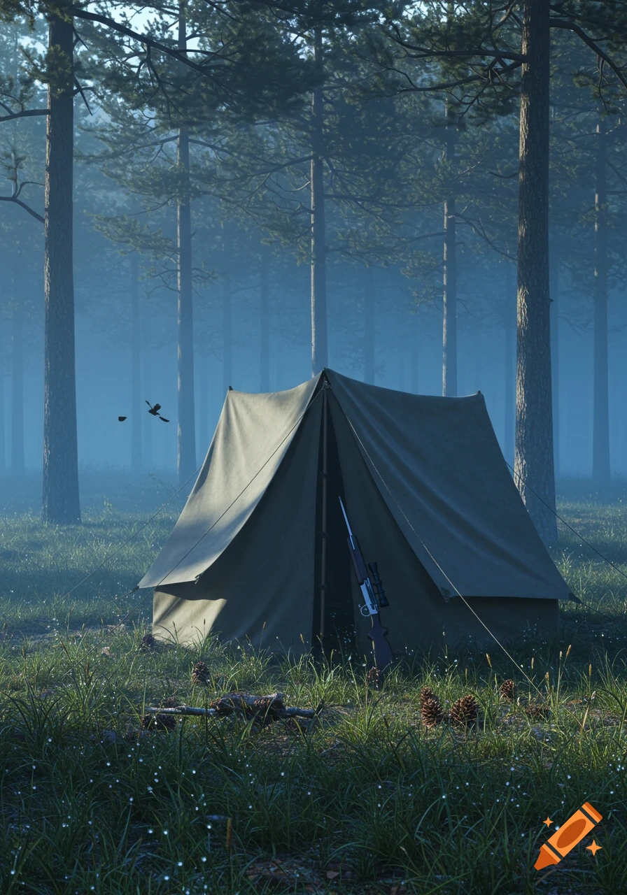 A canvas tent stands in a misty forest clearing with a rifle leaning against it and another on the dewy grass.