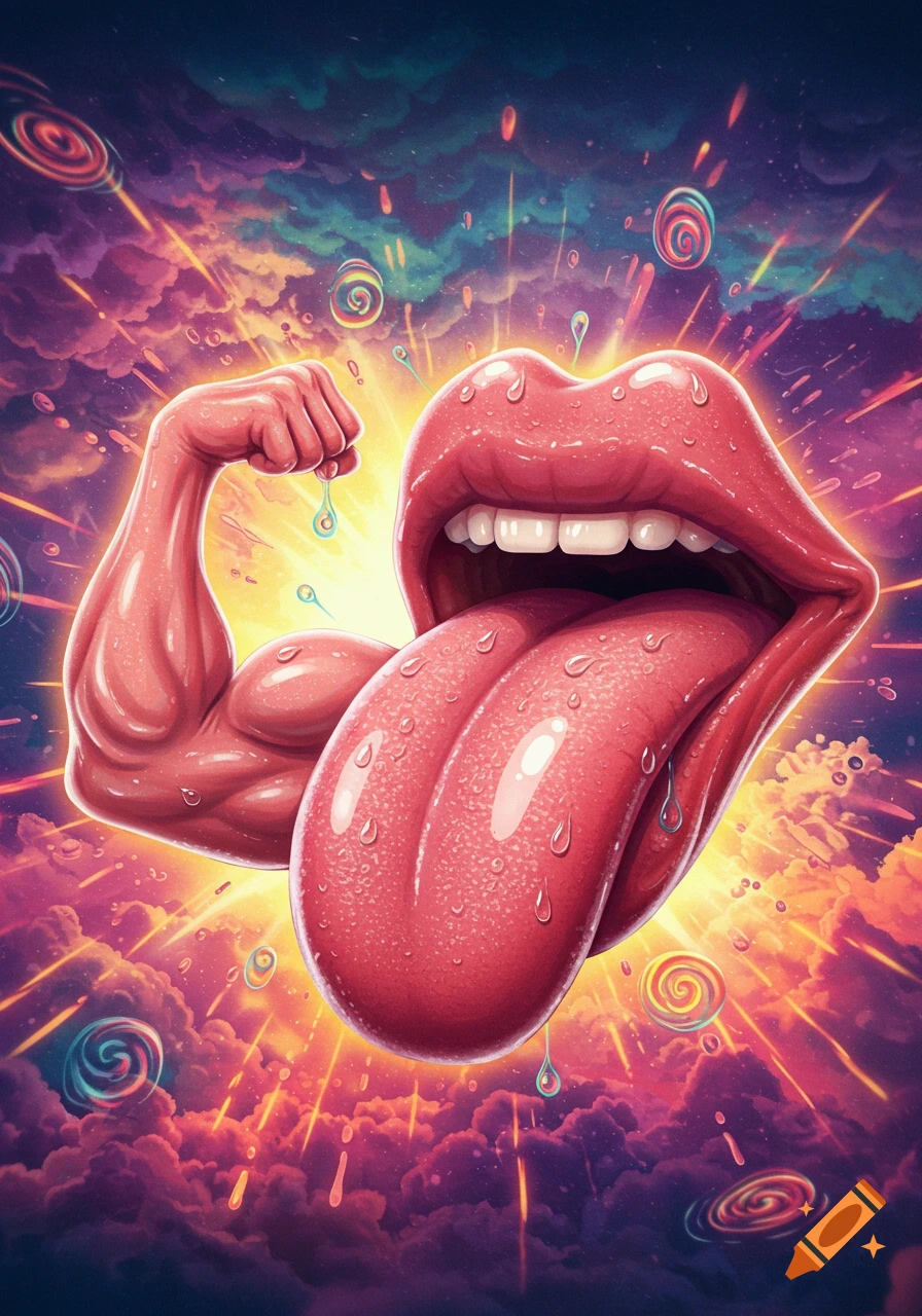 Cartoon muscular arm flexing next to a large, wet tongue sticking out, set against a vibrant, explosive, psychedelic sky.