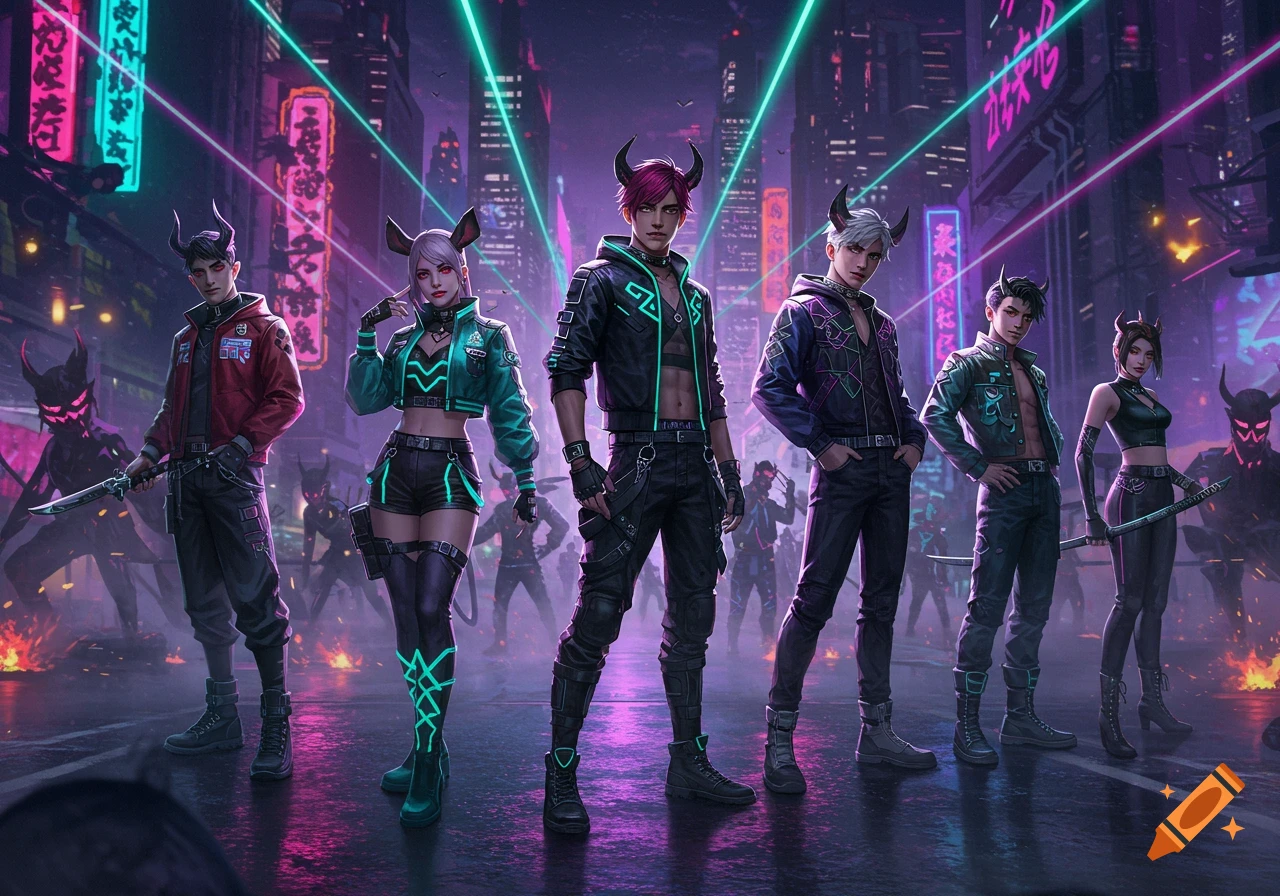 A group of six stylized characters with horns and glowing outfits stand in a neon-lit cyberpunk city at night, holding weapons.