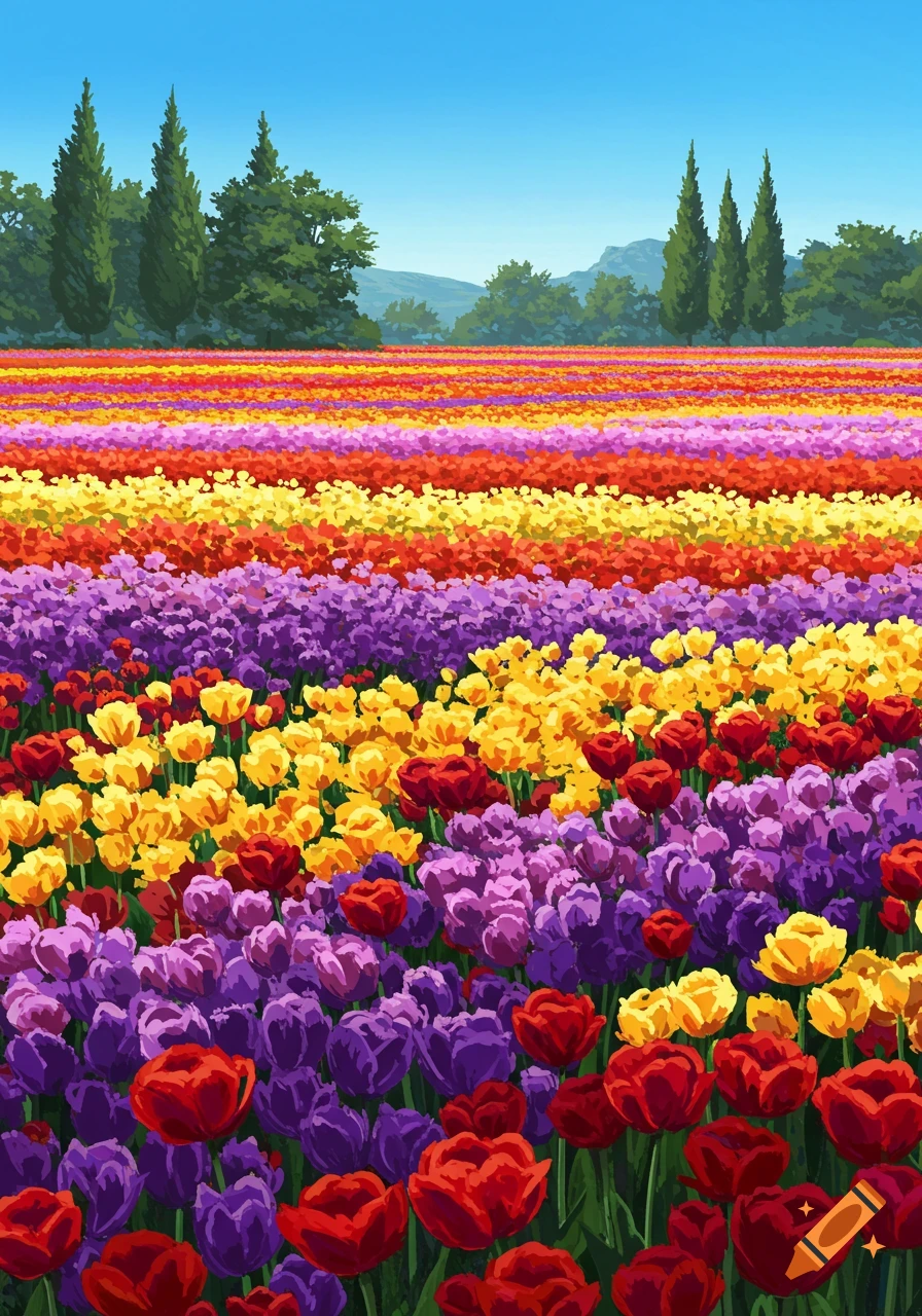 A vibrant field of colorful tulips arranged in horizontal stripes of red, purple, yellow, and orange, with trees and mountains in the background under a clear blue sky.