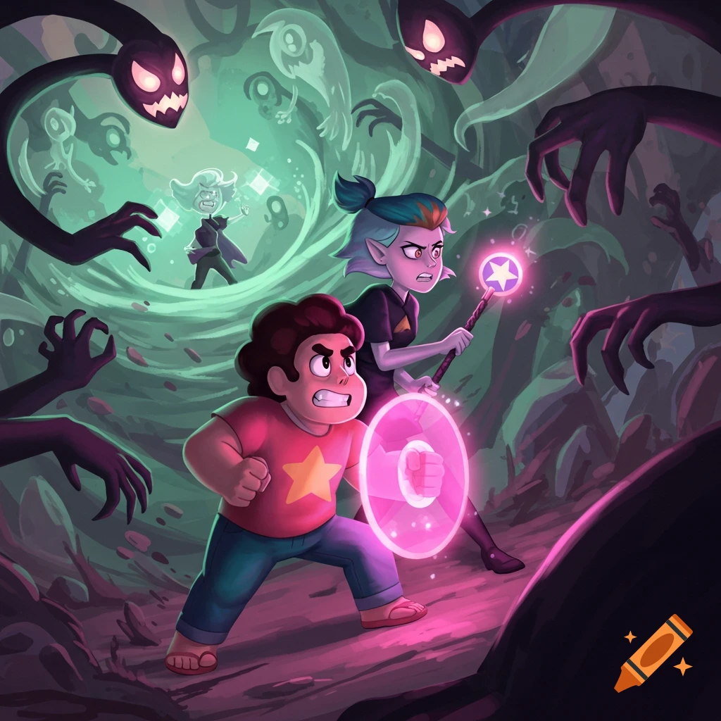 Steven Universe and Amity Blight battle shadowy monsters in a mystical, cartoon-style scene.