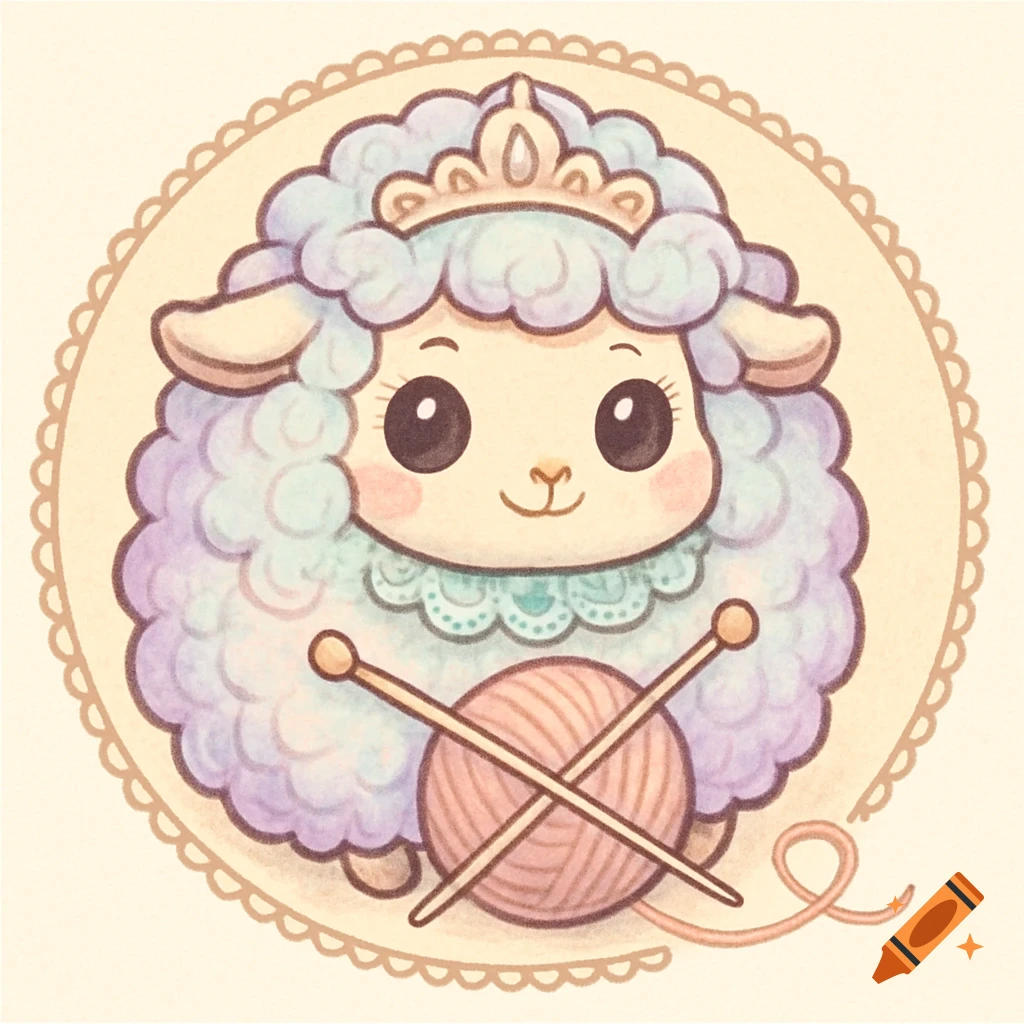 Chibi sheep wearing a crown, with knitting needles and a ball of yarn, in a circular logo with a soft color scheme.