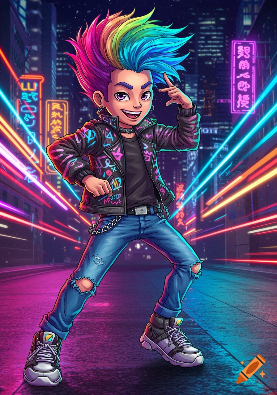 A vibrant cartoon boy with spiky rainbow-colored hair poses in a neon-lit futuristic city street at night. He wears a black leather jacket with colorful graffiti patterns, ripped jeans, and sneakers.