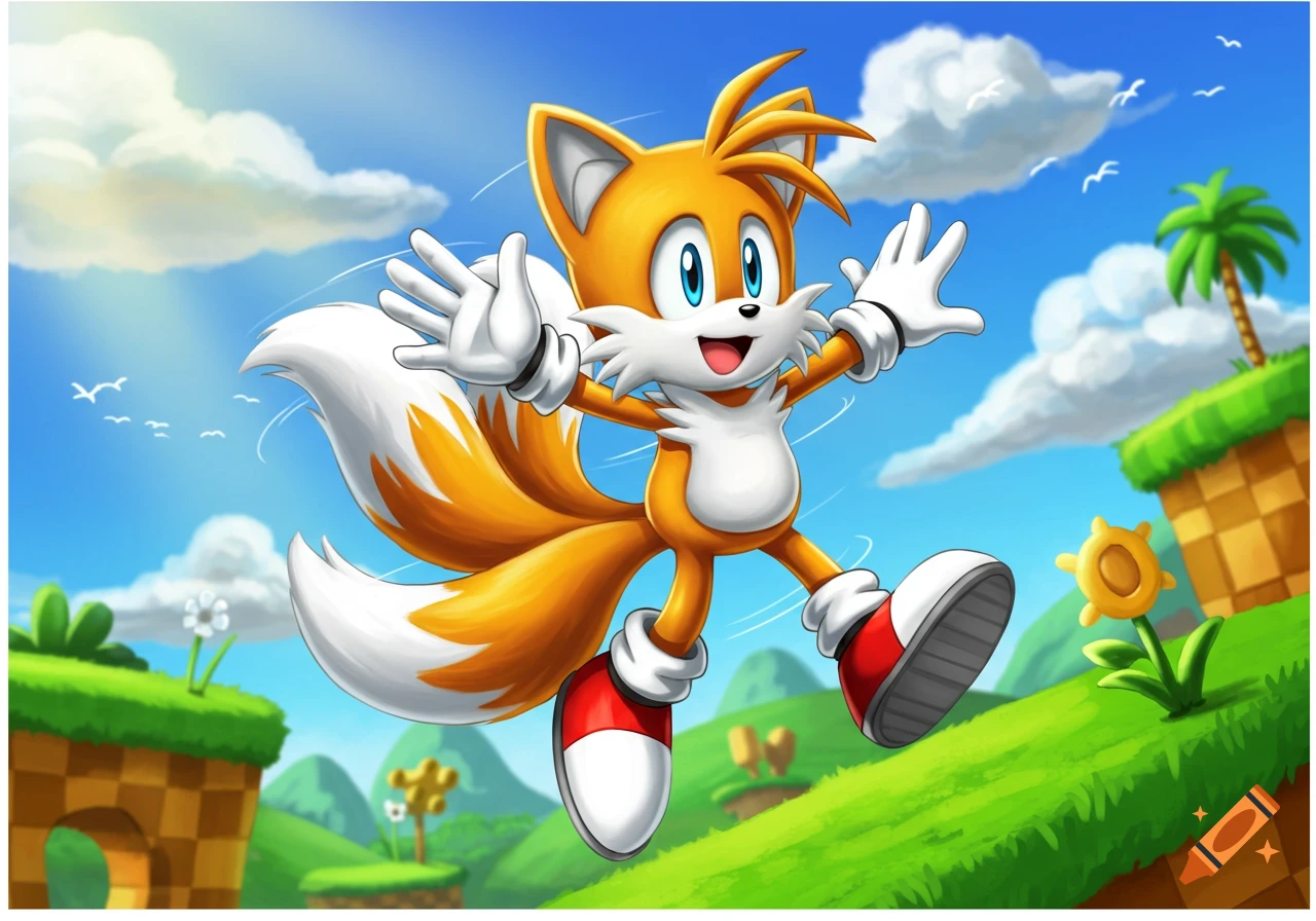 Tails from Sonic the Hedgehog, a cheerful orange fox with two tails, jumps in a vibrant green landscape under a blue sky.