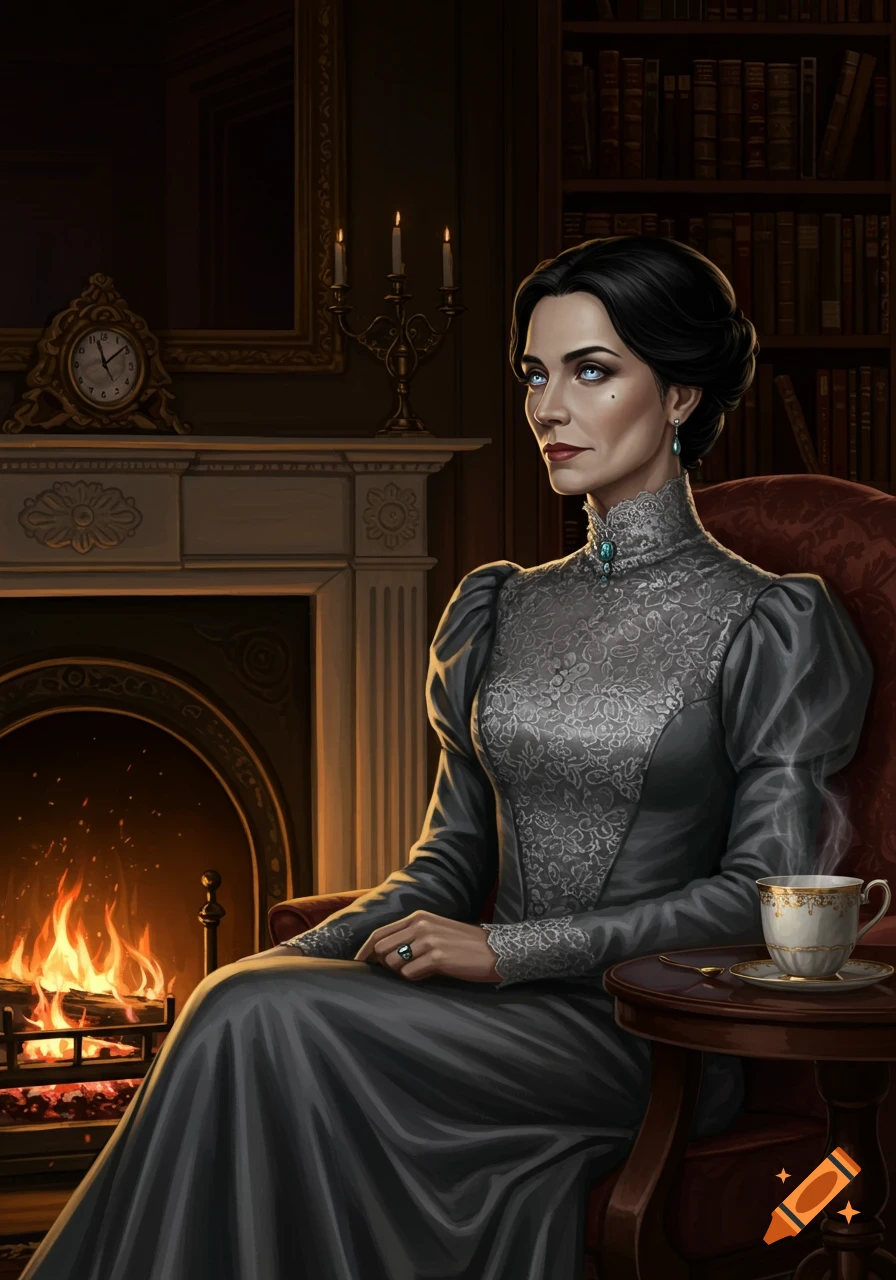 A woman in a grey Victorian-style dress sits in an armchair by a fireplace with a steaming teacup on a table beside her. She has black hair in a bun and striking blue eyes.