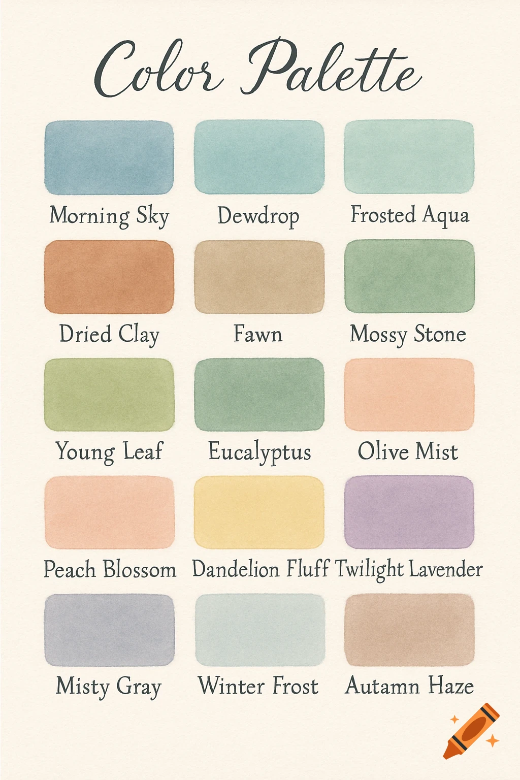 A watercolor style color palette featuring fifteen rectangular swatches in various pastel and earthy tones, each with its name written below it.