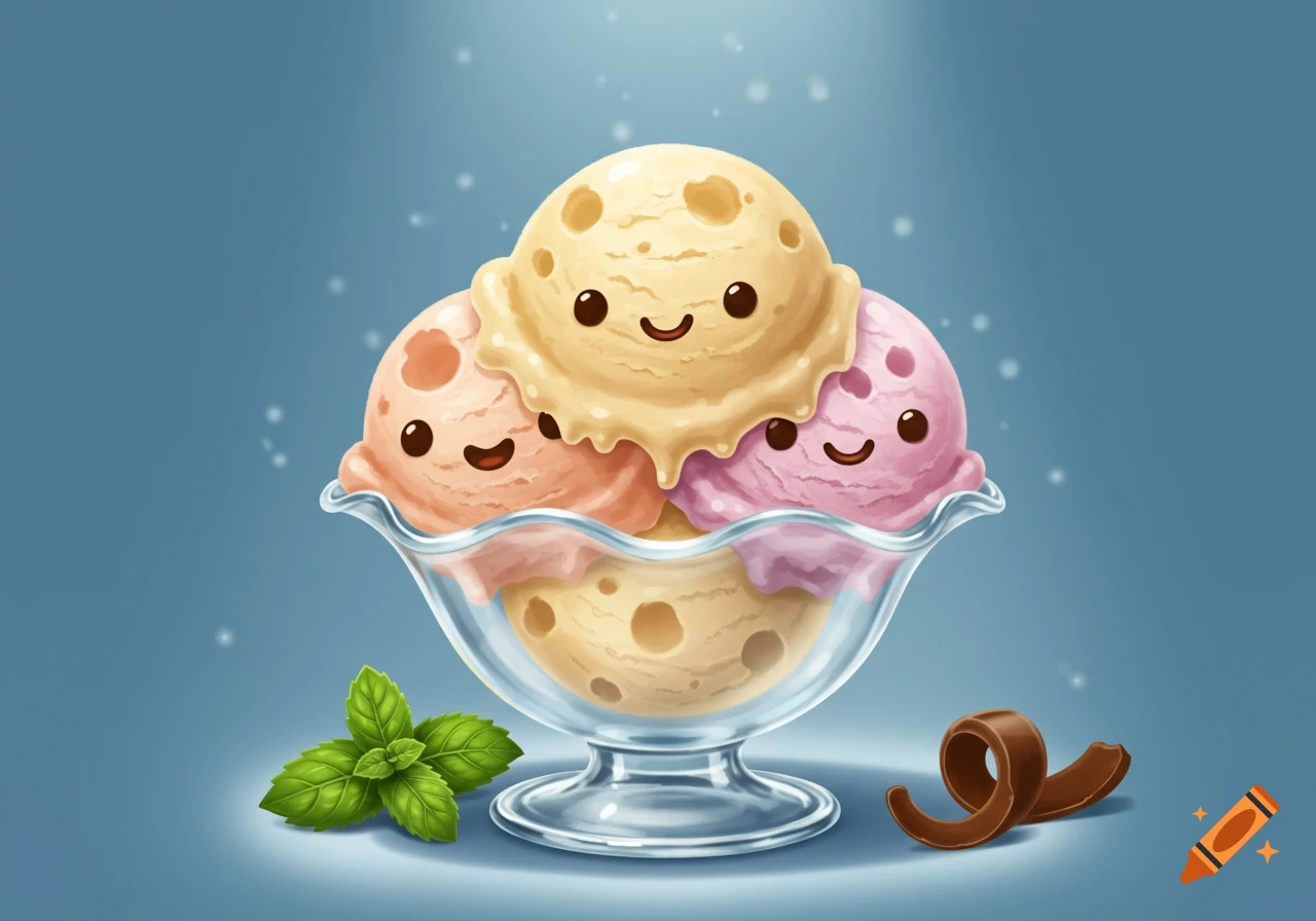Three cute, smiling scoops of peach, vanilla, and pink ice cream with holes in a glass bowl, with mint and chocolate on a blue background.