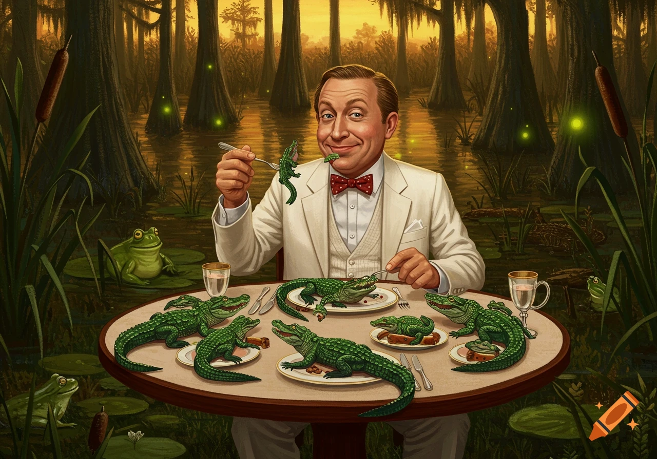 A man in a white suit dines on small alligators at a table in a surreal swamp landscape with frogs and fireflies.