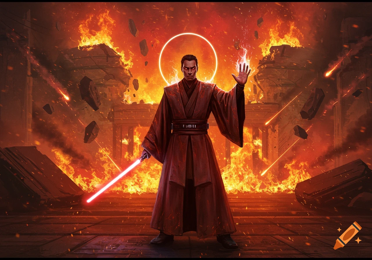 A dark-robed figure with a red lightsaber stands in a fiery, destroyed city, with a glowing ring behind their head and a hand raised as if casting a spell.