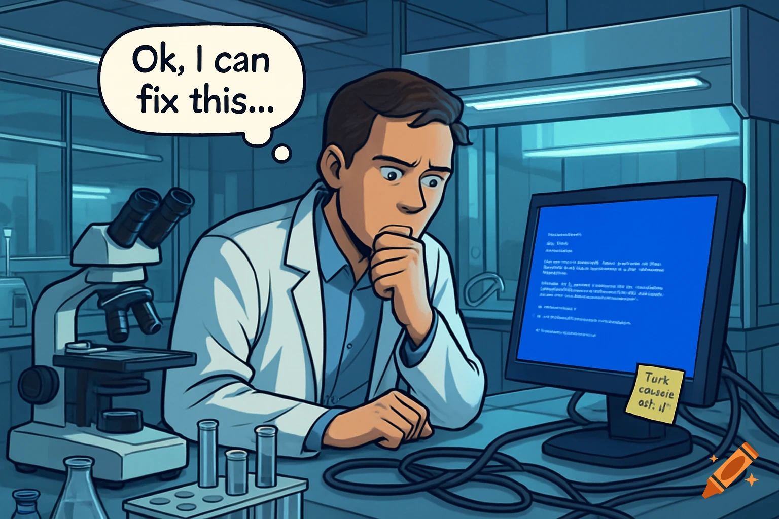 A cartoon illustration of a male researcher in a lab coat looking worriedly at a computer with a blue screen of death. A thought bubble above his head says, "Ok, I can fix this..." A microscope and test tubes are on the desk.