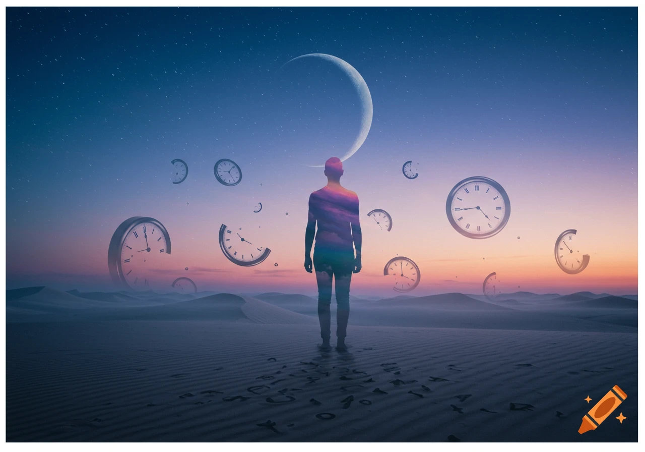 A silhouette of a person stands in a surreal desert under a crescent moon and starry sky, surrounded by floating, fragmented clocks.