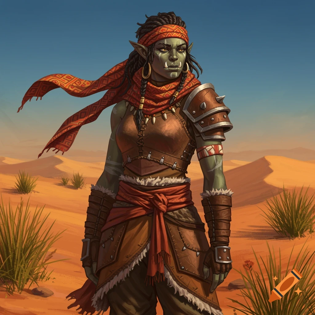 A female half-orc with green skin, tusks, and a red headscarf stands in a desert landscape.