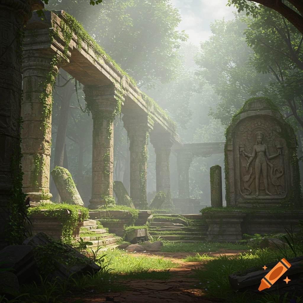 Photorealistic ancient stone ruins with towering pillars and carved statues, overgrown with vines in a misty jungle.