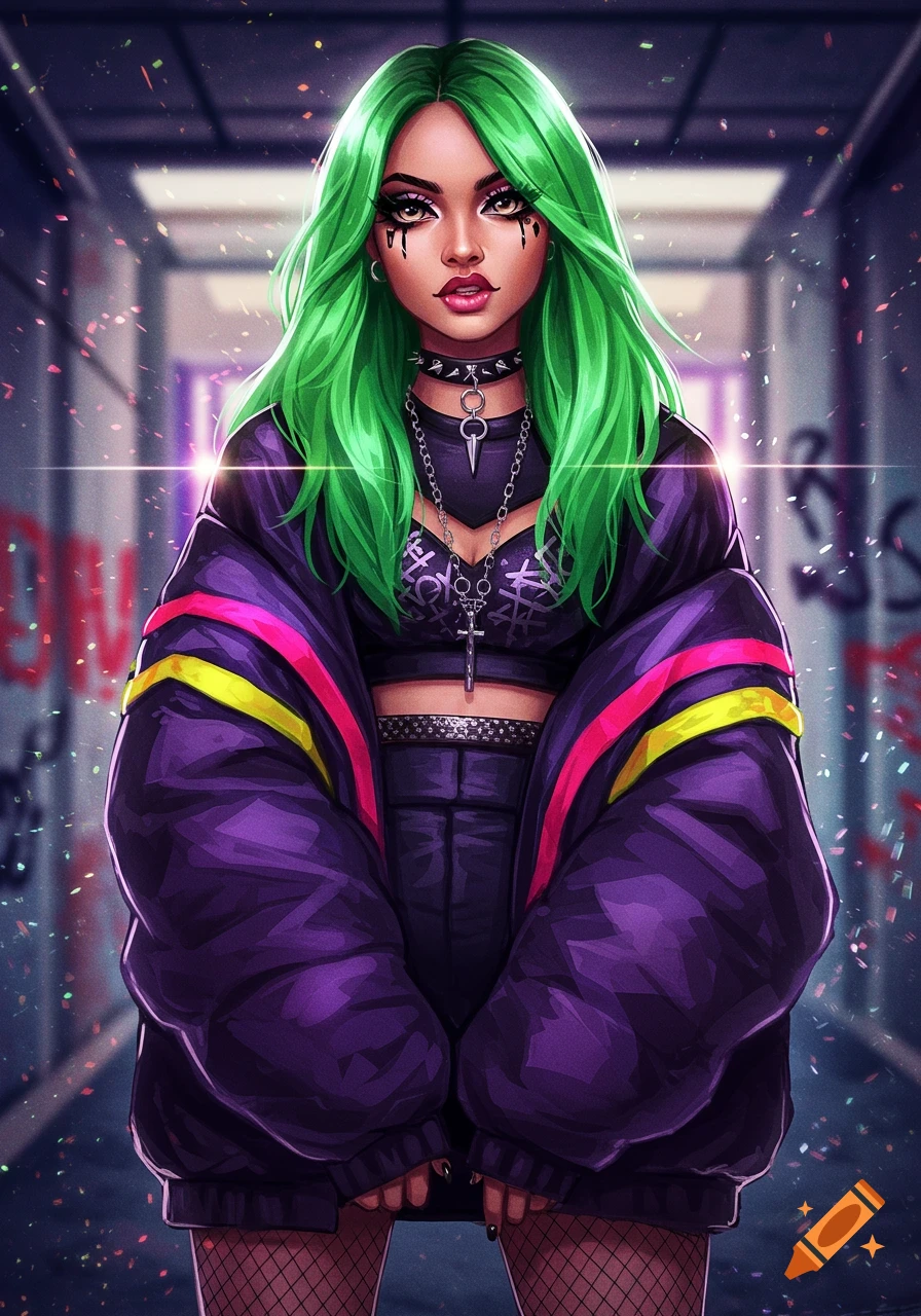 Stylized digital art illustration of a woman with bright green hair, dramatic makeup, and a dark purple puffer jacket, standing in an urban setting.