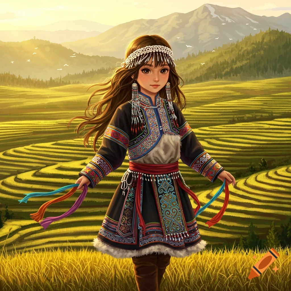 Stylized illustration of a young girl in intricate traditional clothing standing in terraced golden fields with mountains.