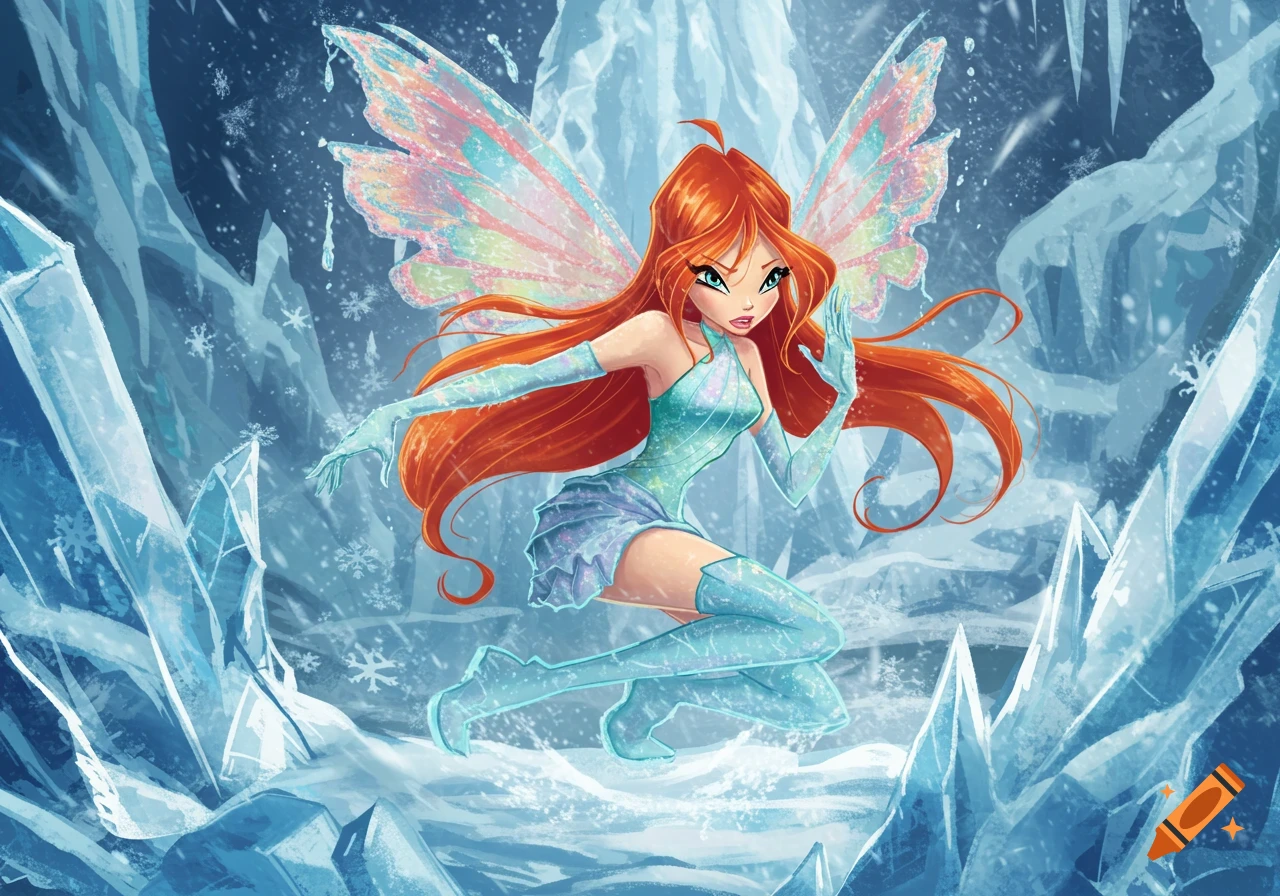 A cartoonish fairy with long orange hair and iridescent wings, wearing a teal and purple outfit, floats amidst jagged ice formations and falling snow.