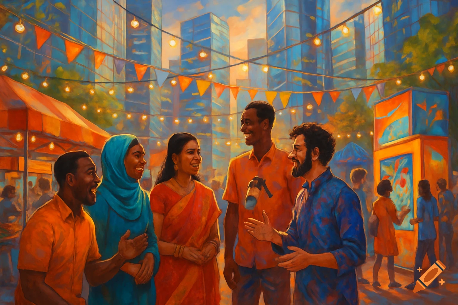 A diverse group of people laughing at an outdoor community festival with string lights and city buildings, in a painterly style.