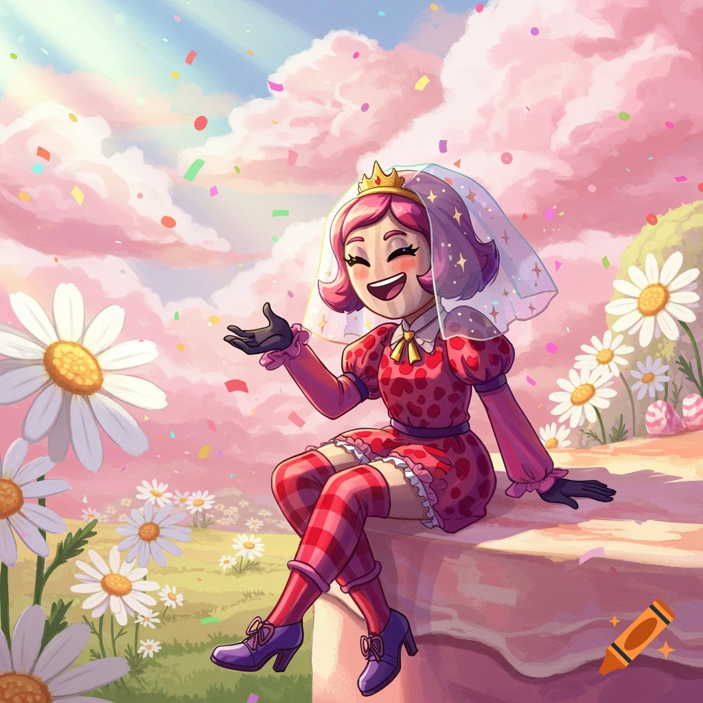 Anime character with pink hair, veil, and crown sitting among daisies with confetti falling under a pink sky, cartoon style.