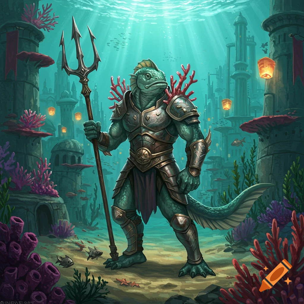 A powerful armored locathah city guard, a humanoid fish-like creature, stands with a trident in an ancient underwater city filled with coral and glowing lanterns.
