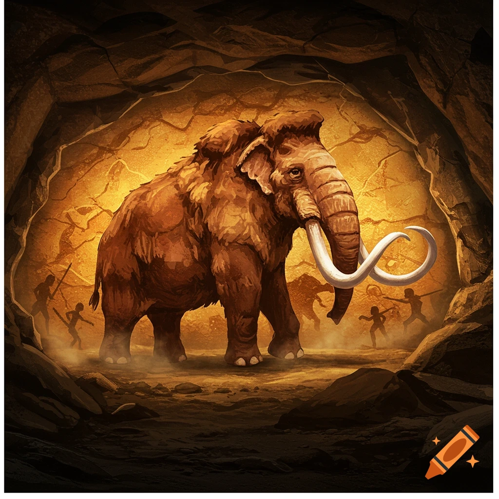 A large woolly mammoth stands in a dimly lit cave, with prehistoric stick-figure paintings on the walls.