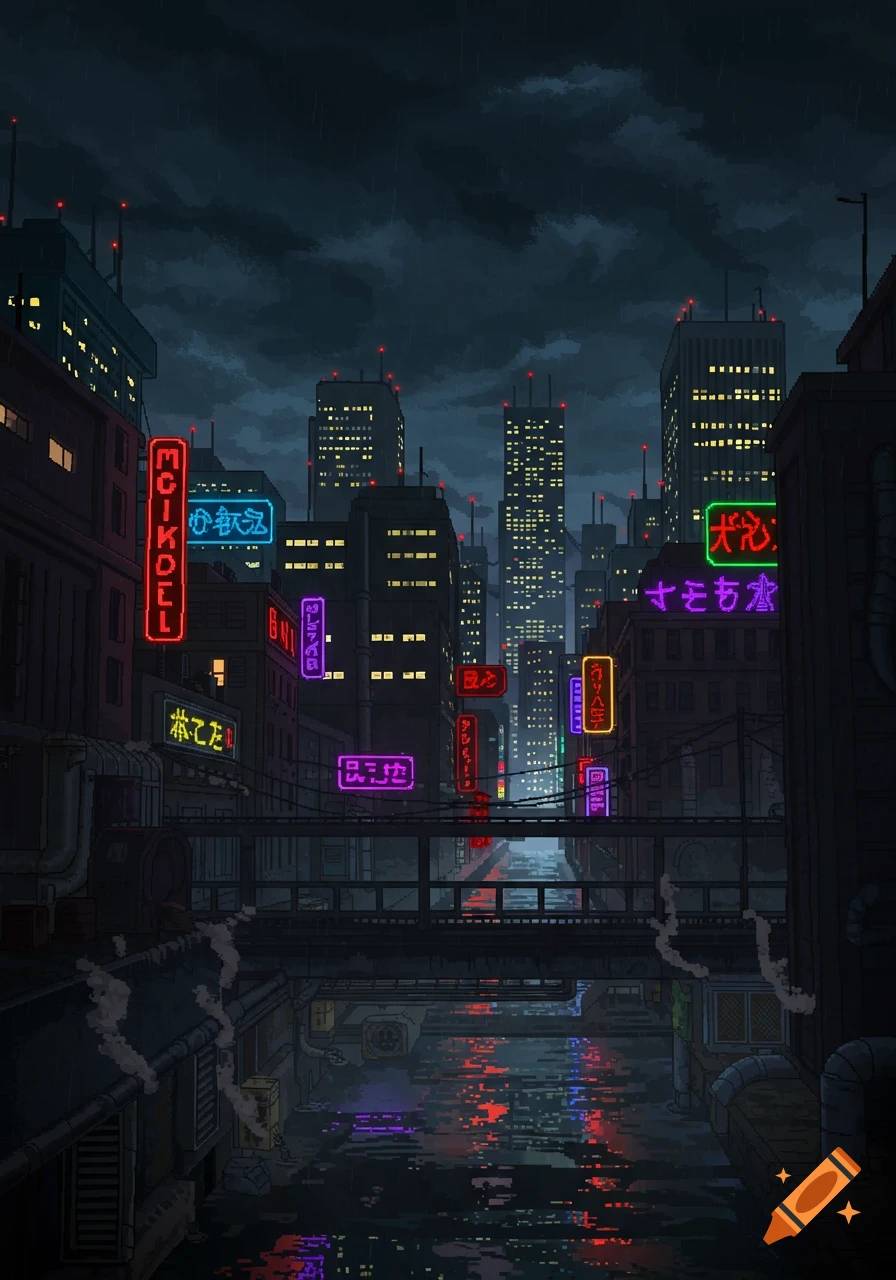 Pixel art of a futuristic city street at night, illuminated by colorful neon signs reflected in a wet surface, under dark clouds.