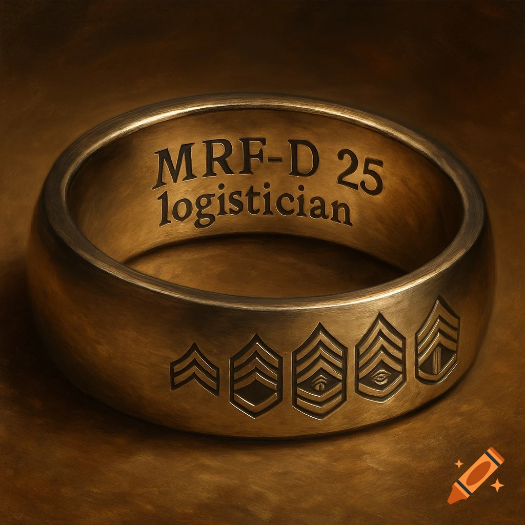 A close-up shot of a bronze ring with engravings on the inside saying 'MRF-D 25 logistician' and USMC rank insignia on the outside.