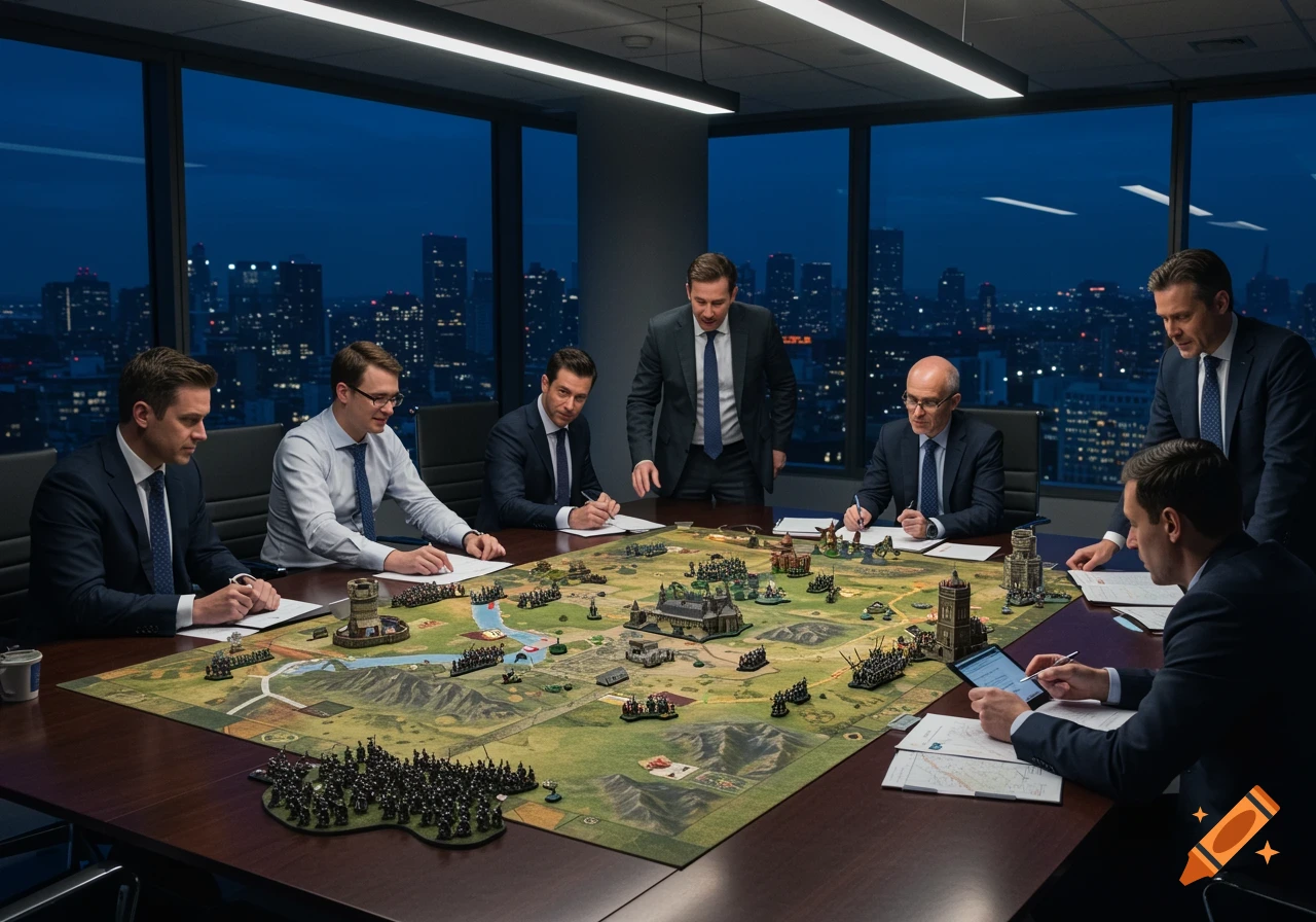Men in suits gathered around a large wargame board in a modern office with a city skyline at night.
