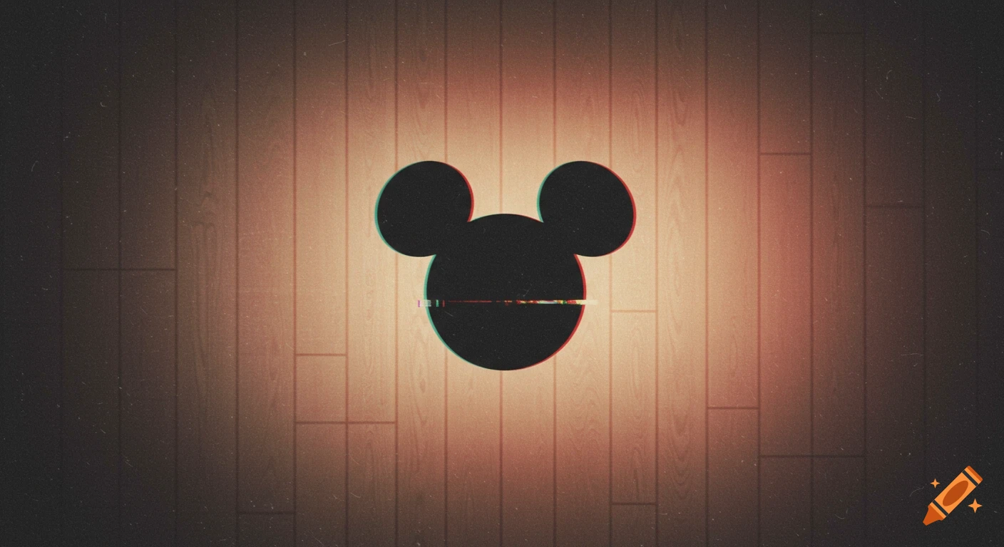 Black Mickey Mouse head silhouette on a wooden background with VHS-style glitch effects and chromatic aberration.