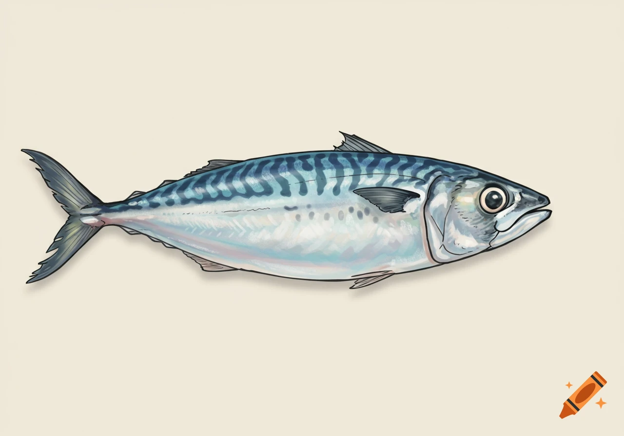 A Studio Ghibli-style illustration of a mackerel fish with blue stripes on a pale background.