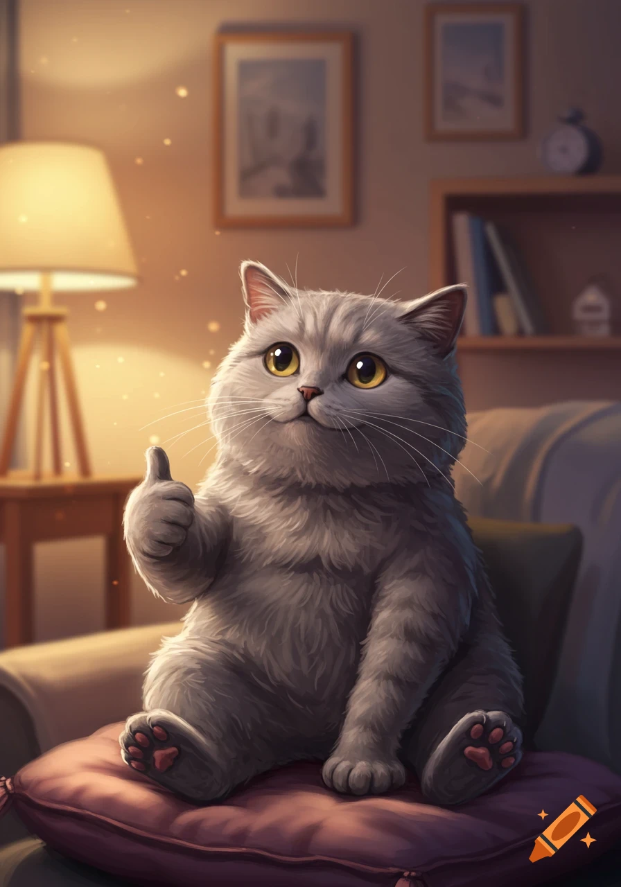A cute gray cartoon cat sitting on a pillow, giving a thumbs up in a cozy room with a lamp.