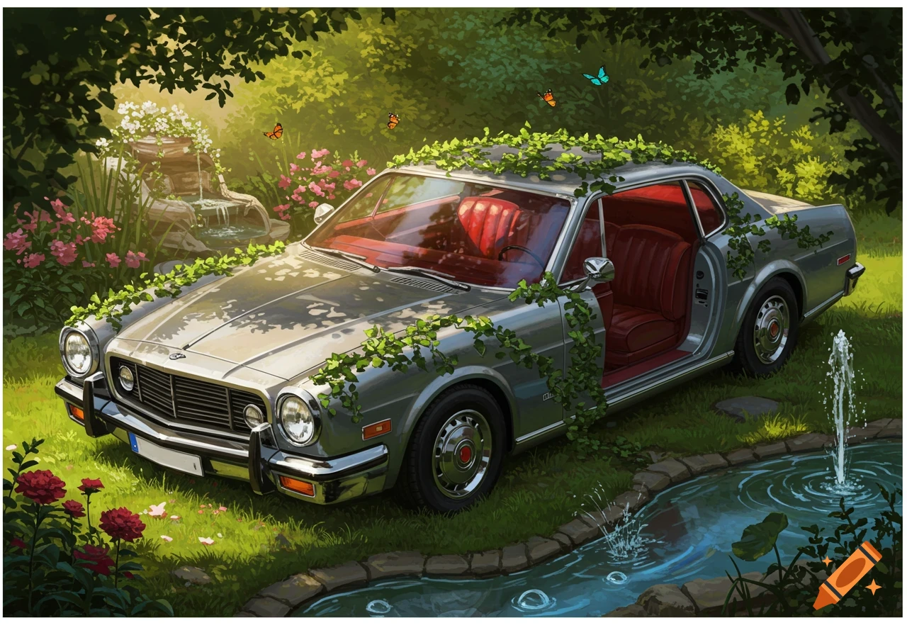 A silver vintage car, overgrown with green ivy, parked in a lush garden with pink flowers, a bubbling fountain, and a small stream, in an illustrated style.