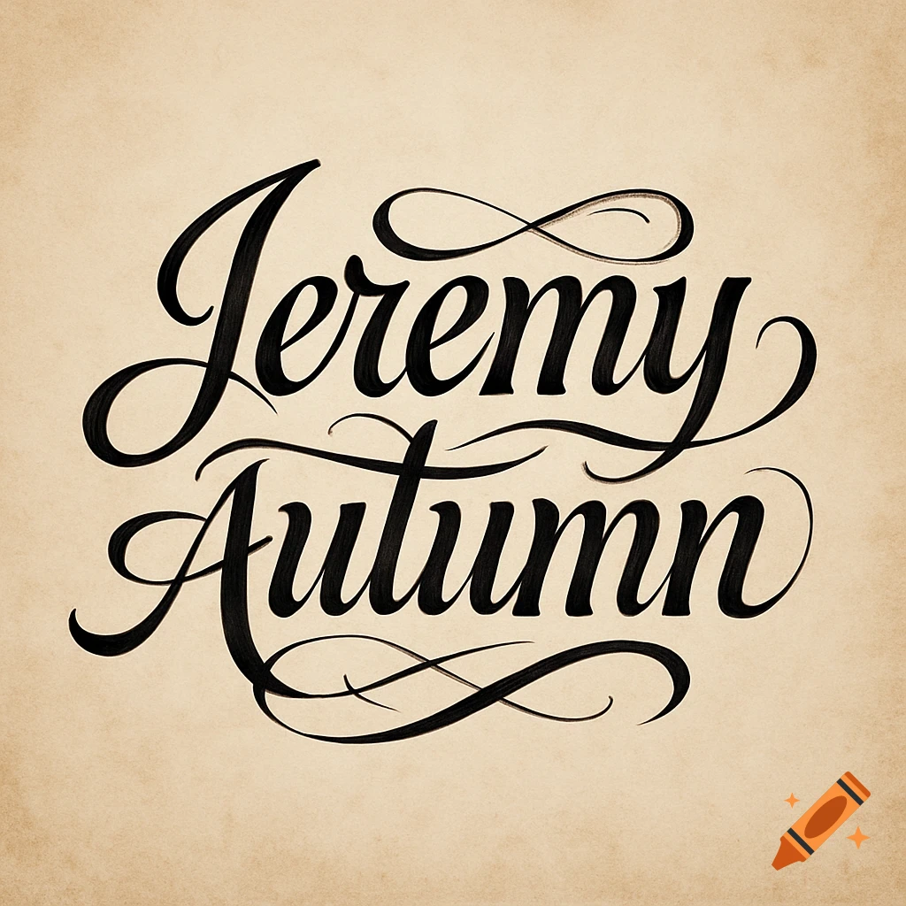 Elegant black calligraphic script spelling 'Jeremy Autumn' with flourishes on a faded parchment background.