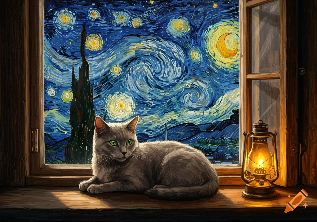 A grey cat with green eyes sits on a wooden windowsill next to a lit lantern, with a Van Gogh style starry night landscape visible outside the window.