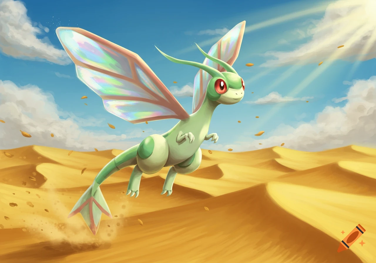 An illustration of the Pokémon Flygon flying over a desert landscape with sand dunes under a blue sky.
