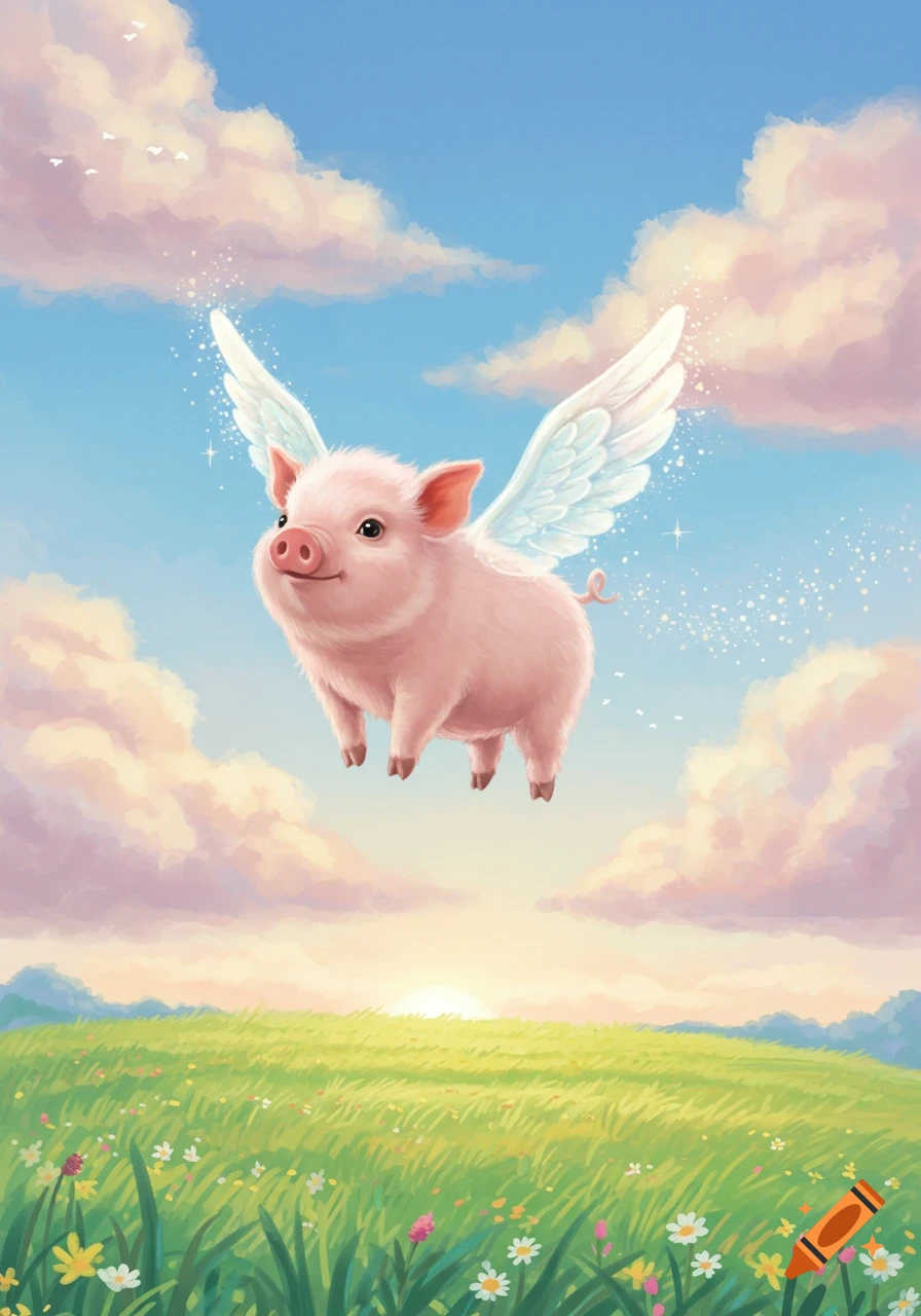 A cute pink piglet with white wings flies above a green field with wildflowers, under a blue sky with pink and white clouds at sunset, in an illustration style.