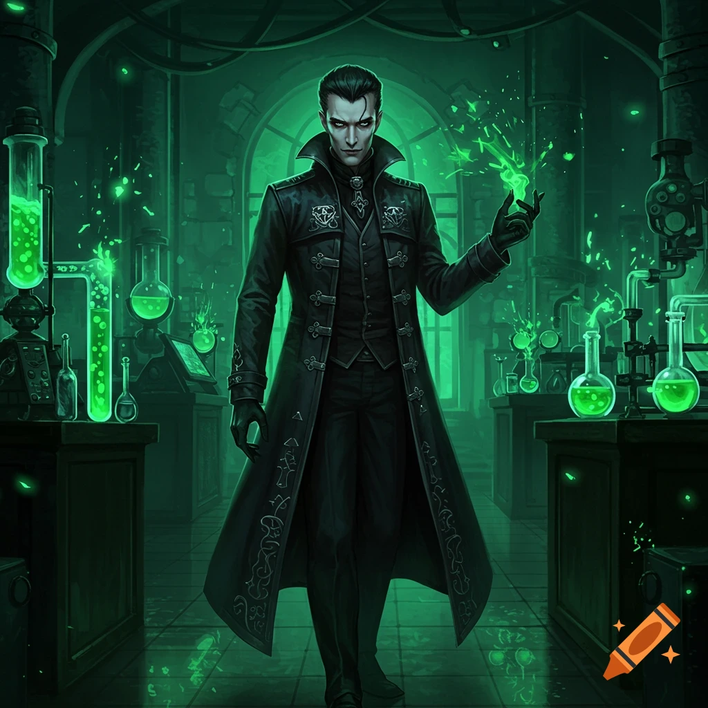 A dark-haired man in a black coat stands in a green-lit, steampunk laboratory, his hand glowing with energy.