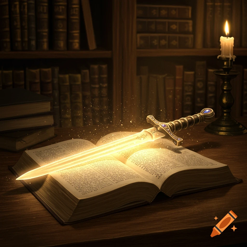 A glowing magical sword lies across an open book on a wooden desk in a dimly lit library, with bookshelves and a lit candle in the background.
