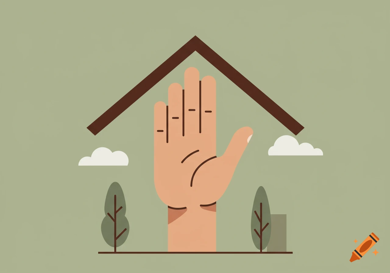 A minimalist illustration of a large hand under a brown roof, flanked by two trees and clouds, against a green background.