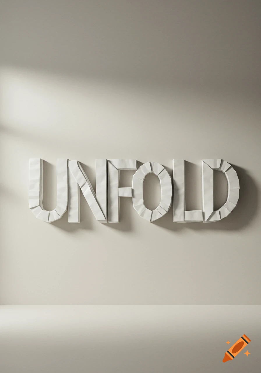 The word UNFOLD crafted from white folded paper on a light wall with shadows.