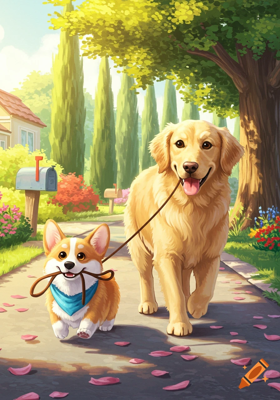 A happy corgi holding a leash walks with a golden retriever down a sunny, tree-lined path in a charming cartoon style.