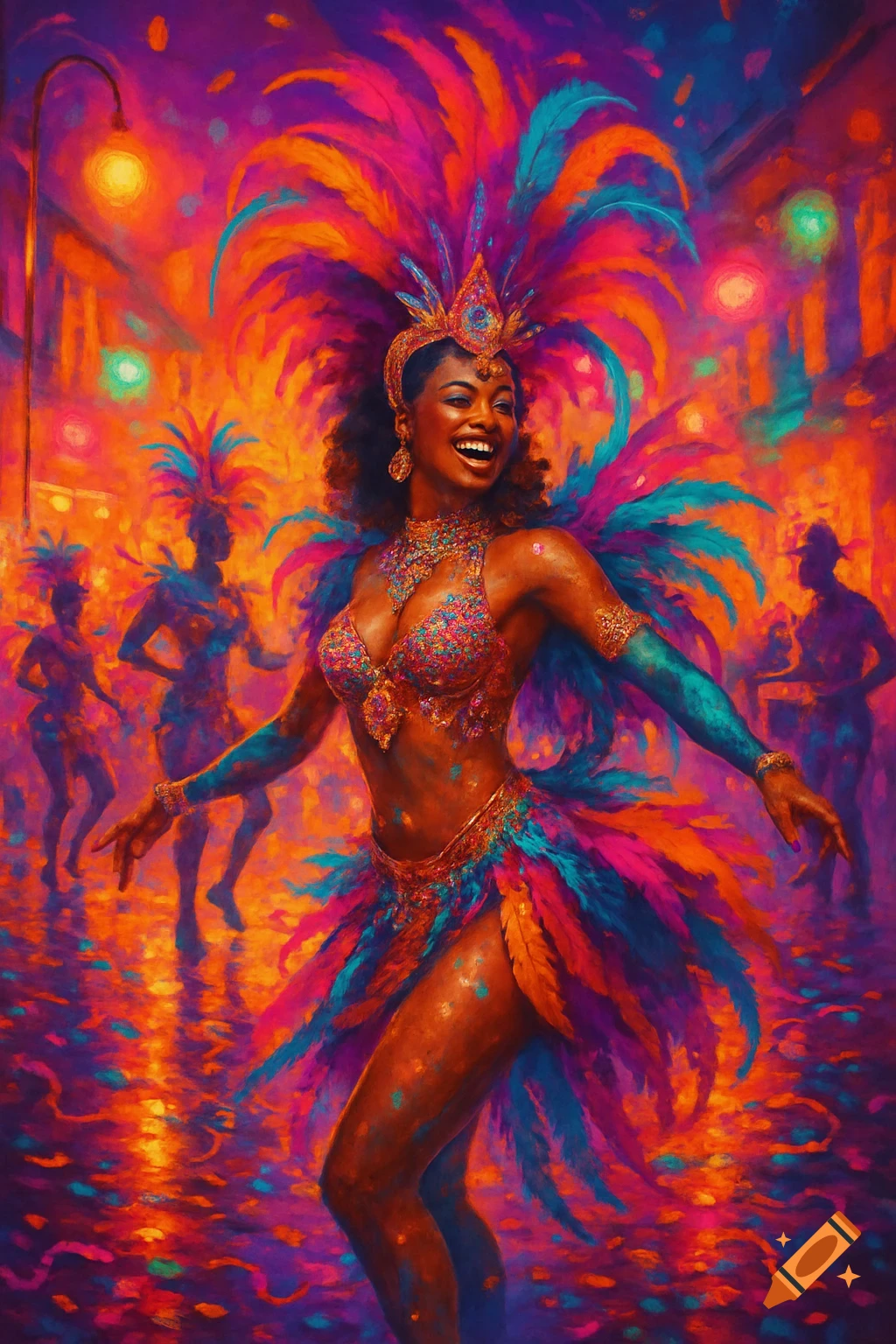 A vibrant, impressionistic painting of a smiling female dancer in a colorful feathered carnival costume on a lively street.