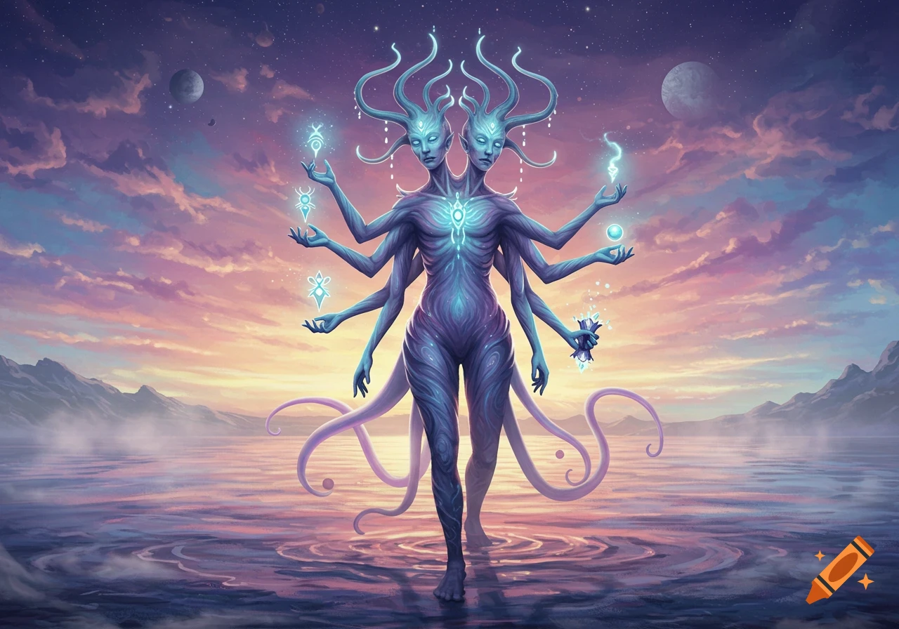 Two-headed, multi-armed fantasy creature with glowing symbols, standing in water under a vibrant sunset sky with planets.