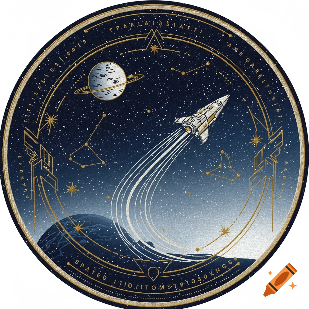 A circular blue and gold space mission patch featuring a white rocket flying past a ringed planet and constellations.