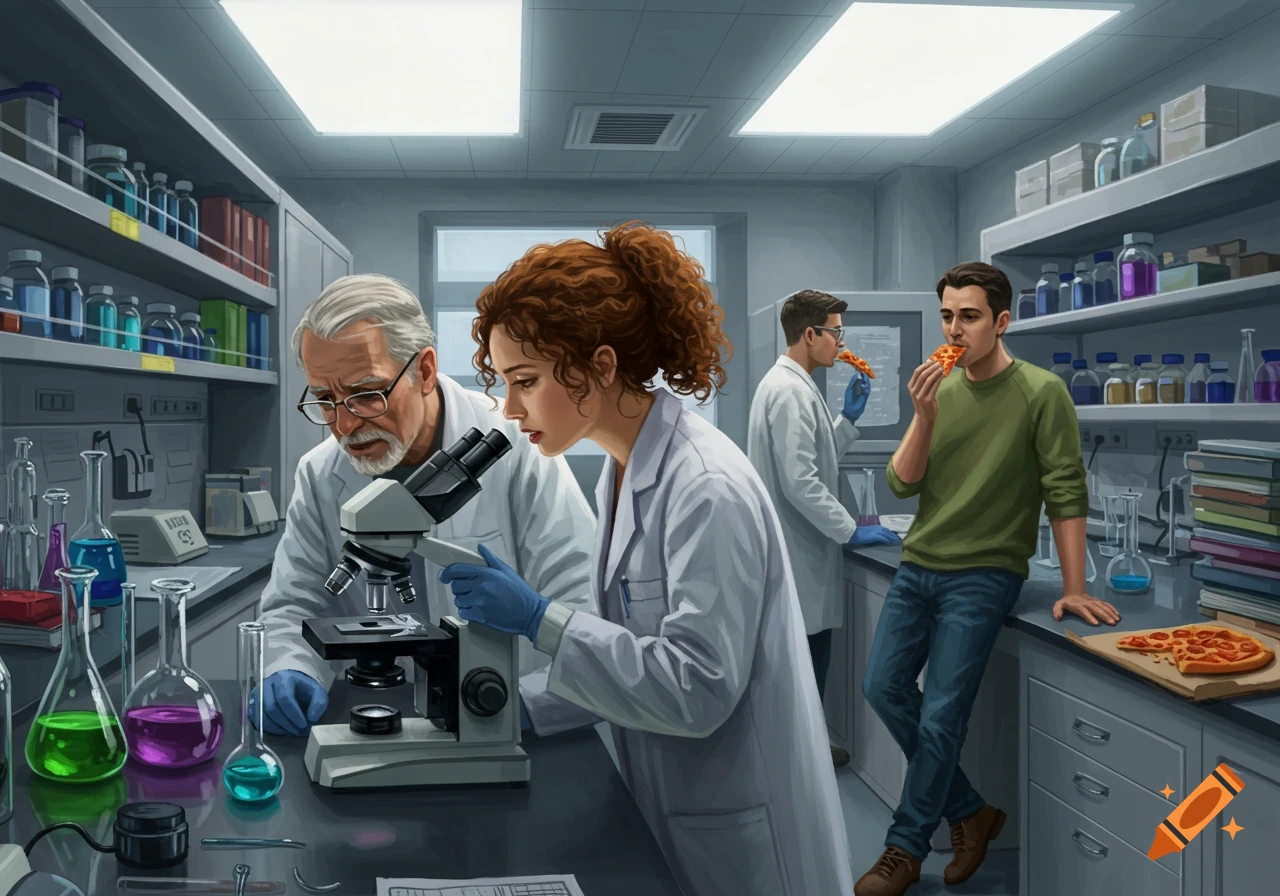 Two researchers examine a sample under a microscope in a lab, while another eats pizza.