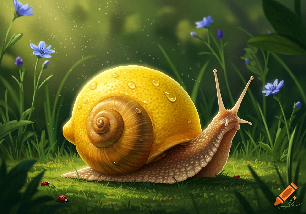 A whimsical illustration of a snail with a bright yellow lemon for a shell, crawling through green grass with blue flowers.