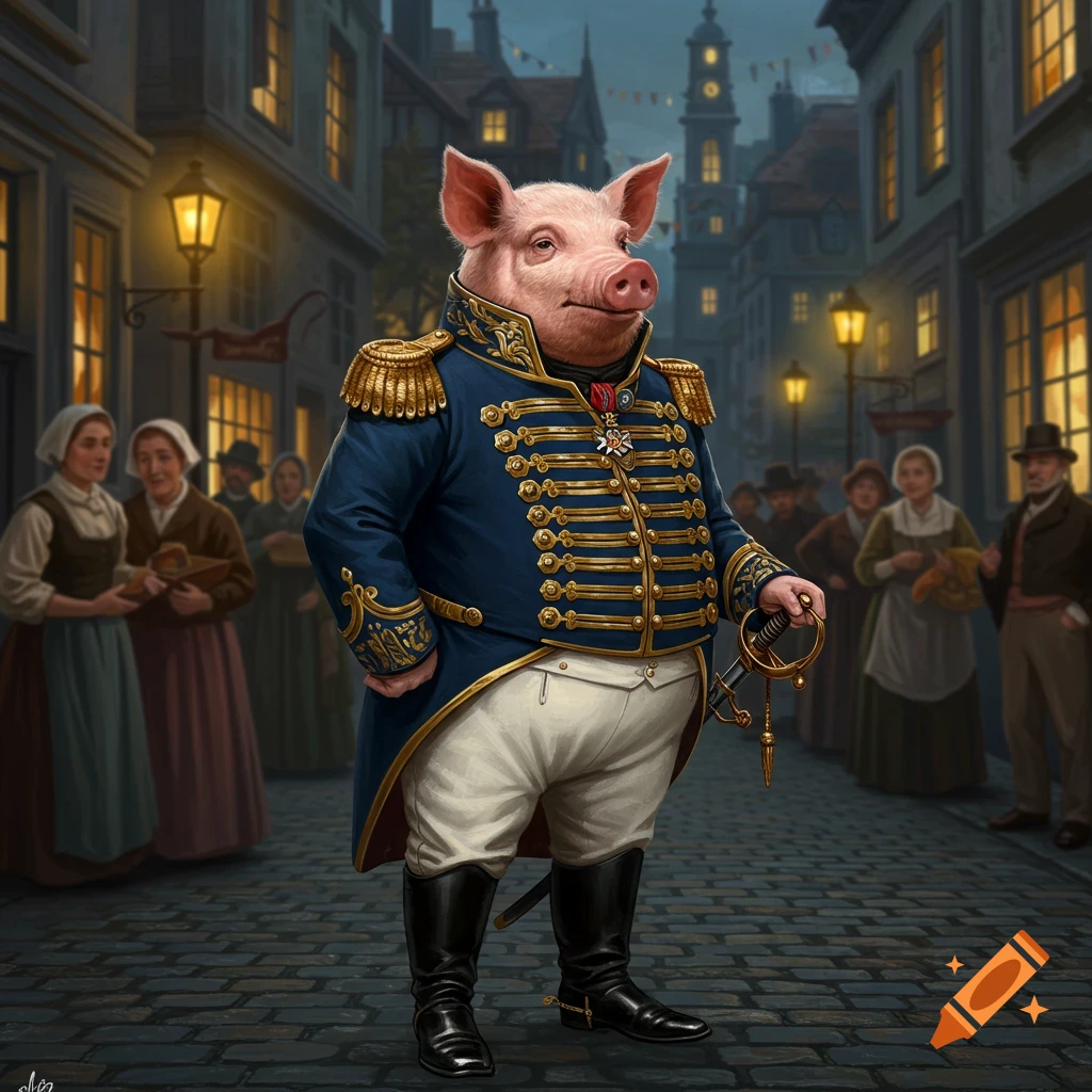 A photorealistic image of a pig in a blue military uniform holding a sword, standing on a cobblestone street in a historic European town at dusk with streetlights lit.