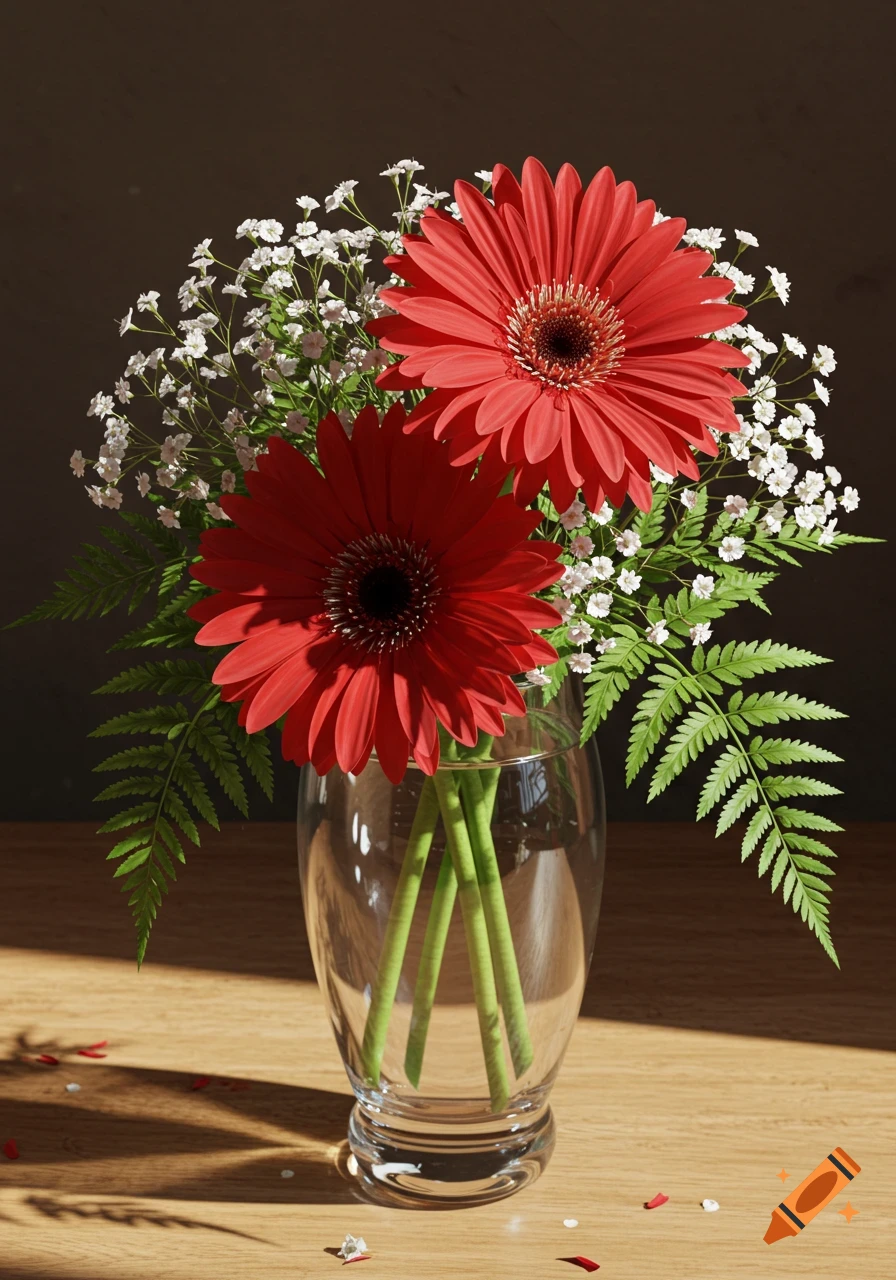 A photorealistic bouquet of two red gerber daisies and white baby's breath in a clear vase on a wooden table.